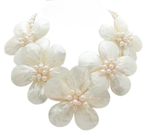 BIANMTSW 18" 3 Strands white shell wrap Flower Round Freshwater pearls Statement Necklace von BIANMTSW