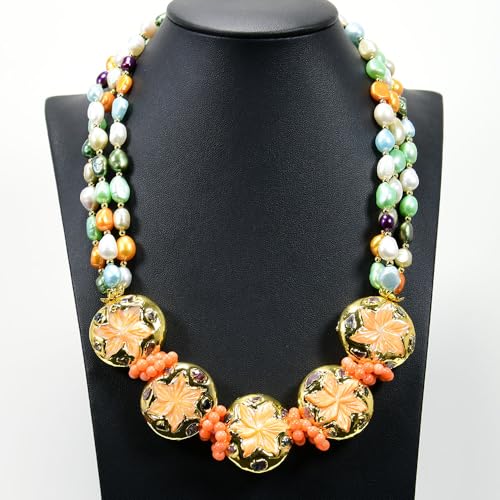BIANMTSW Multi Color Keshi Pearl Necklace Orange Sea Shell Carved Flower Gold Paved Tourmaline Statement Necklace Lady Gifts von BIANMTSW