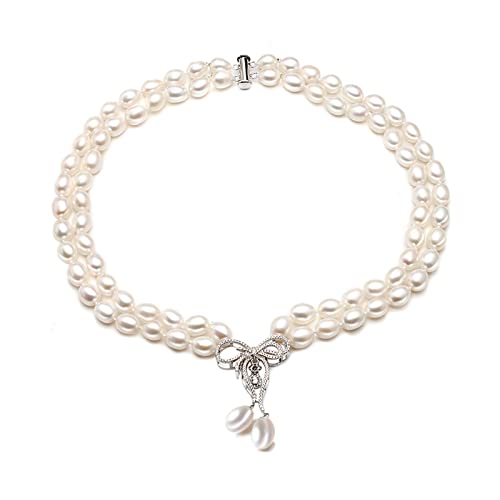 Ketten für Damen Echte Luxus-doppelte graue Perlenkette Damen, trendige Choker-Süßwasserperlenkette Geburtstagsgeschenk Jahrestag erfüllen Mode-Accessoires ( Color : White Pearl- 48cm 51cm , Size : 7- von BIANMTSW