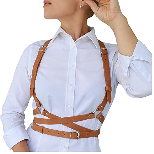 BIAOQINBO Damen Punk Leder Harness Body,Harness Gothic Oberkörper Brustgurte Straps Einstellbar Cupless Dessous BH Fetisch Lingerie Sexy für Frauen (Braun) von BIAOQINBO