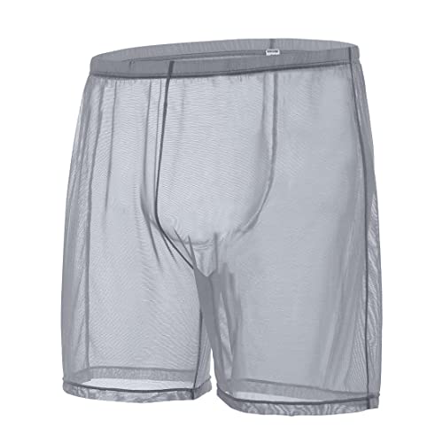 BIATWOWR Sexy See-Through Long Leg Boxers for Men Boxers Underwear Loose Lounge Transparent Retroshorts Long Leg Male Trunks Grey M von BIATWOWR