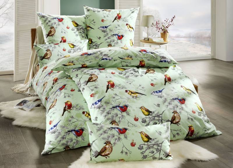 Bettwäsche-Garnitur von Biberna mit Reißverschluss, Größe 115 (80/80 cm + 155/220 cm), Lindgrün von BIBERNA