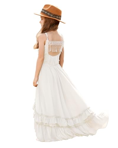 BIBIHOU Mädchen Kinder Spitze rückenfrei Boho Urlaub Hochzeit Maxi Blumenmädchenkleid, Weiss/opulenter Garten, 140 von BIBIHOU