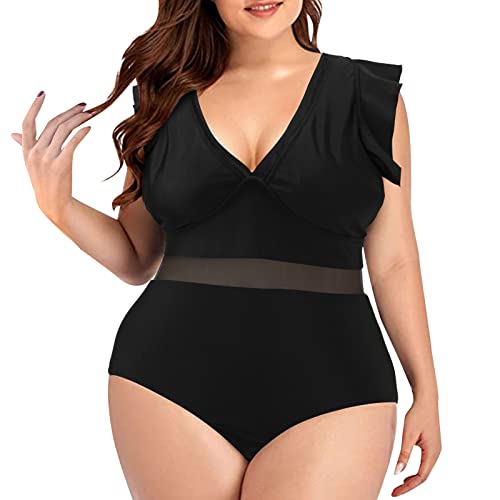 BIBILILI Einteiliger Badeanzug für Damen, Bauchkontrolle, Übergröße, Badeanzug, Rüschen, tiefer V-Ausschnitt, Monokini, schwarz, schmale Bademode, Sommer-Badekostüme, Schwarz , 50 von BIBILILI