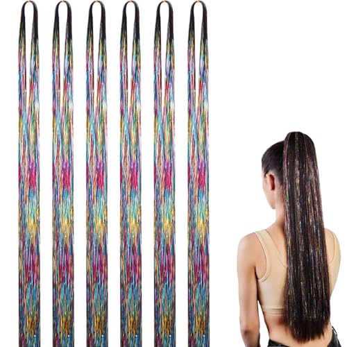 6 Stück Hair Tinsel,Glitzer Strähnen Haare zum Einflechten Bunte Haarsträhnen Kinder Haar Lametta Extensions Bunt Gold Silver Glitter Haarverlängerung Haarlametta Einklipsen,für Mädchen (Bunt) von BIBITI
