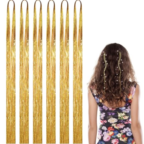 6Stück Hair Tinsel Gold,Glitzer Haarsträhnen Kinder Haar Lametta Strähnen Haare Festival Haarschmuck Haarlametta Glitter Haarverlängerungen Glitzersträhnen zum Einflechten,für Mädchen Frauen Cosplayer von BIBITI