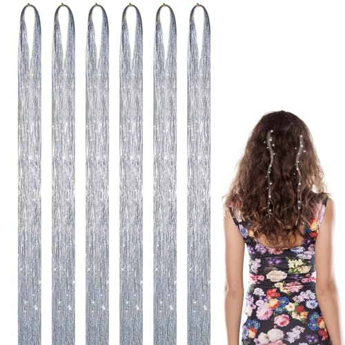 6 Stück Hair Tinsel,Glitzer Strähnen Haare zum Einflechten Bunte Haarsträhnen Kinder Haar Lametta Extensions Bunt Gold Silver Glitter Haarverlängerung Haarlametta Einklipsen,für Mädchen (Silver) von BIBITI