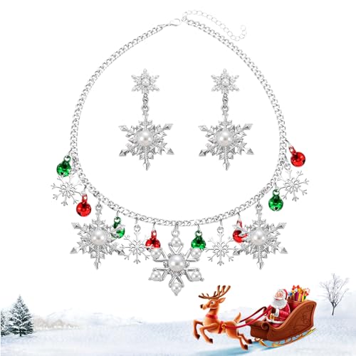 BIBITI 3 Stück Weihnachtsohrringe Halskette Damen Set,Ohrringe Weihnachten Kette Silber Schneeflocke Perlen,Mädchen Winter Weihnachts Weihnachtskette Ohrstecker Schmuck für Christmas Weihnachtsfeier von BIBITI