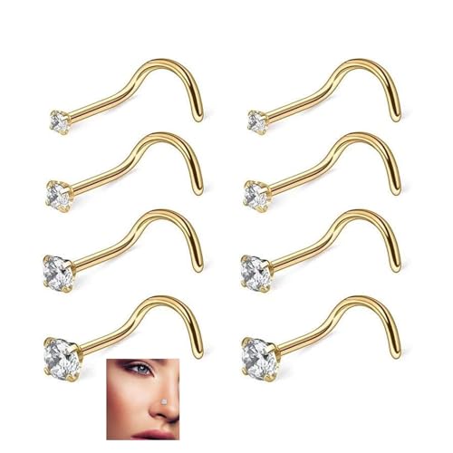 BIBITI 8 Stück Nasenpiercing Stecker,Piercing Nase Nasen,Chirurgenstahl Nasenstecker Schmuck Set,Nasenpircing Pircingssets Nostril Nasenring Piercings Tragus-Piercing,für Erwachsene Frauen (Gold) von BIBITI