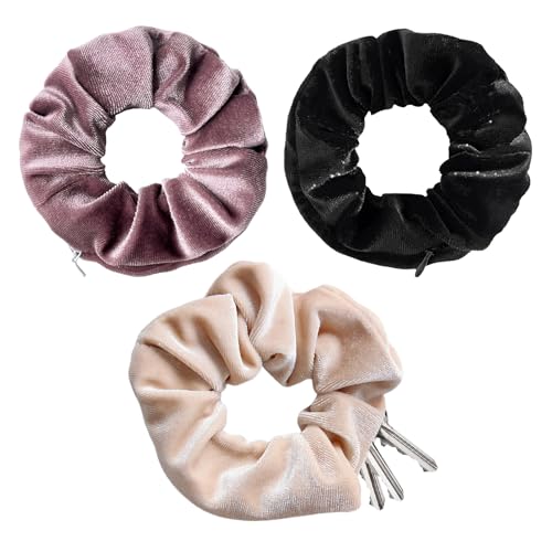 3 Stück Haargummi mit Reißverschluss,Haargummis Damen Scrunchies Scrunchie Zipper,Weiches Hair Rope Groß Reise Gadgets Wertsachen Geld Versteck Geldversteck Geheimfach,für Frauen Aufbewahrung Urlaub von BIBITI