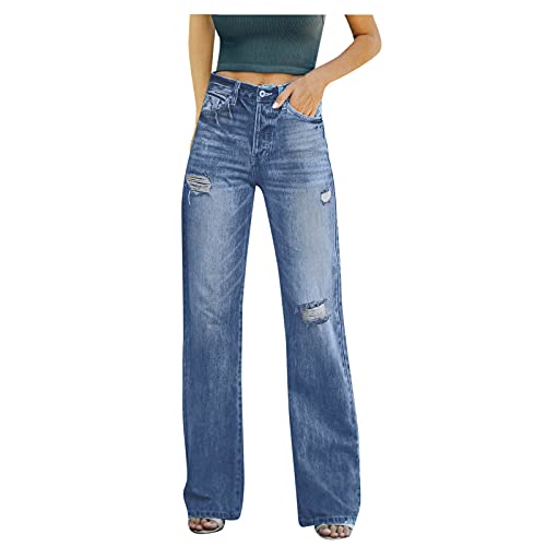 BIBOKAOKE Baggy Jeans Damen High Waist Straight Jeans Breites Bein Jeans Loose Gerade Hosen Bootcut Jeans Jeanshosen Glatte Jeans Y2K Style Vintage-Hose Teenager Mädchen Streetwear von BIBOKAOKE