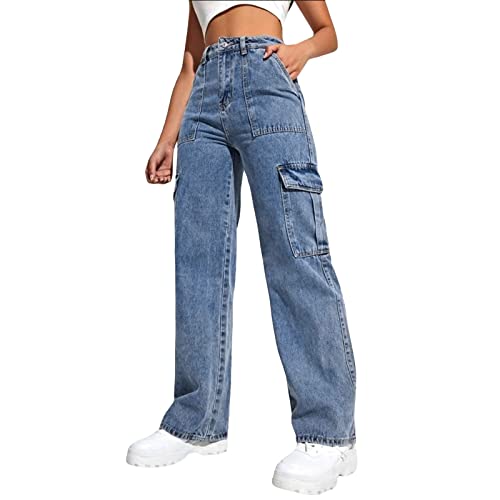 BIBOKAOKE Baggy Jeans Damen High Waist Straight Jeans Breites Bein Jeans Loose Gerade Hosen Bootcut Jeans Jeanshosen Glatte Jeans Y2K Style Vintage-Hose Teenager Mädchen Streetwear von BIBOKAOKE