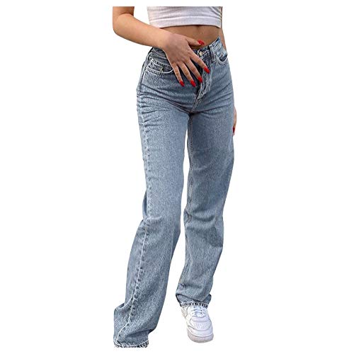 BIBOKAOKE Baggy Jeans Damen High Waist Straight Jeans Farbverlauf Freizeit Loose Gerade Hosen Bootcut Jeans Jeanshosen Glatte Jeans Vintage-Hose mit Weitem Bein (Blau-4, S) von BIBOKAOKE