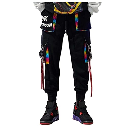 BIBOKAOKE Cargohose Herren Mode Techwear Hosen mit Taschen Regenbogenfarben Hip Hop Jogger Cargo Pants Baggy Streetwear Punk Hose Knöchelhose Freizeithose Loose Arbeitshose Fahrradhose von BIBOKAOKE