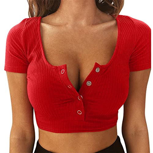 BIBOKAOKE Crop Tops Damen Bauchfrei Crop T-Shirt Rundhals Knopfleiste Oberteile Crop Top Kurzarmshirts Sommershirts Kurzarm Tops Shirts Pullover Casual Tops Oberteil Lässig T-Shirts（Rot,L von BIBOKAOKE