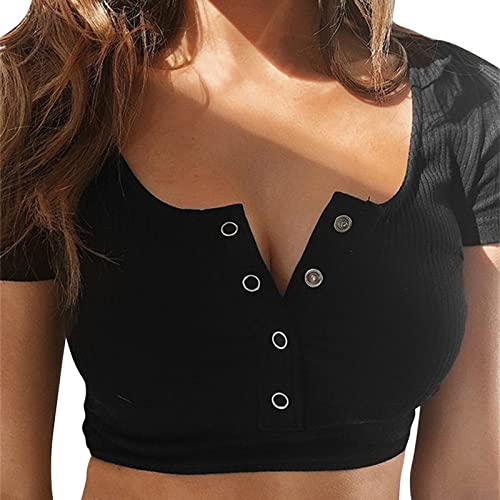 BIBOKAOKE Crop Tops Damen Bauchfrei Crop T-Shirt Rundhals Knopfleiste Oberteile Crop Top Kurzarmshirts Sommershirts Kurzarm Tops Shirts Pullover Casual Tops Oberteil Lässig T-Shirts（Schwarz,S von BIBOKAOKE