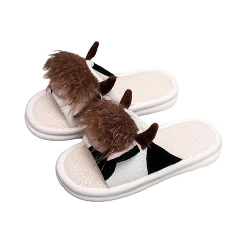 BIBOKAOKE Damen Cartoon Niedlich Und Gemütlich Weich Cosy Stier Kuh Offene Zehen Hausschuhe Aus Leinen Indoor/Outdoor rutschfeste Pantoffeln von BIBOKAOKE