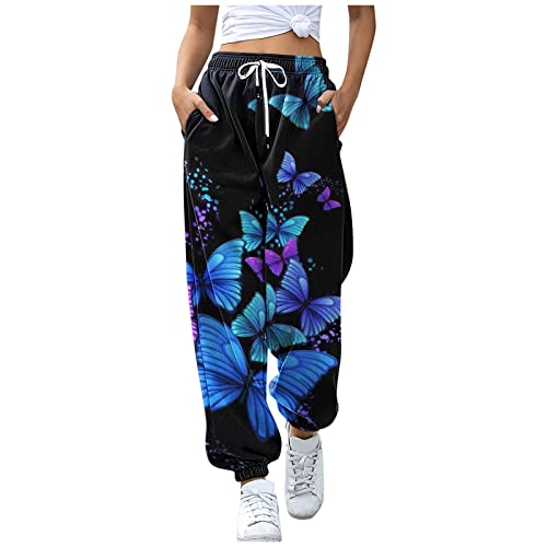 BIBOKAOKE Damen Casual Schmetterling Print Jogginghose Sporthose Lang Yoga Hose Freizeithose Laufhosen High Waist Trainingshose Sweathose für Frauen Sweatpants mit Tasche und Kordelzug von BIBOKAOKE