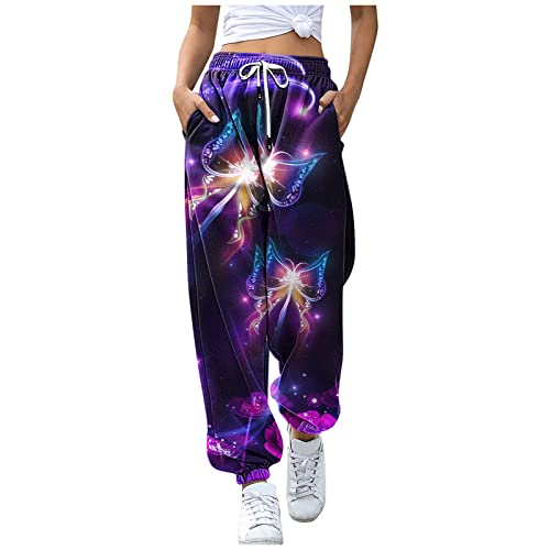 BIBOKAOKE Damen Casual Schmetterling Print Jogginghose Sporthose Lang Yoga Hose Freizeithose Laufhosen High Waist Trainingshose Sweathose für Frauen Sweatpants mit Tasche und Kordelzug von BIBOKAOKE