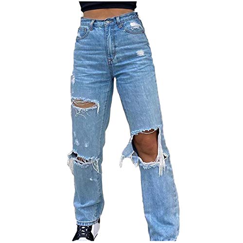 BIBOKAOKE Damen Jeans Baggy Hohe Taille Löchern Jeanshosen Stretch Breite Beine Jeanshose Retro Jeans Freizeit Destroyed Jeanshose Hotpants Mode Ripped Frauen Denim Hosen mit Taschen von BIBOKAOKE