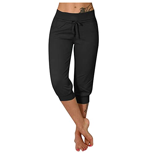 BIBOKAOKE Damen Jogginghose 3/4 Caprihose Trainingshose Elegant Relaxhose Sportleggings Yogahose Slim Fit Kordelzug mit Tasche für Sport und Freizeit Laufhose Leicht Stoffhose von BIBOKAOKE