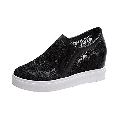 BIBOKAOKE Damen Keilabsatz Sneaker Turnschuhe Wedges Sportschuhe Atmungsaktive Mesh Spitze Laufschuhe Outdoor Freizeitschuhe Elegante Frauen Schnürhalbschuhe Schöne Damenschuhe (0205-A-Black, 37) von BIBOKAOKE