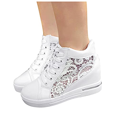 BIBOKAOKE Damen Keilabsatz Sneaker Turnschuhe Wedges Sportschuhe Atmungsaktive Mesh Spitze Laufschuhe Outdoor Freizeitschuhe Elegante Frauen Schnürhalbschuhe Schöne Damenschuhe von BIBOKAOKE