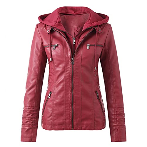 BIBOKAOKE Damen Kunstleder Jacke Langarm Zip Lederoptik Bikerjacke Stehkragen Slim Fit Lederjacke Damen Kunstleder Lederjacke Motorrad Jacke mit Abnehmbarer Kapuze Übergangsjacke von BIBOKAOKE