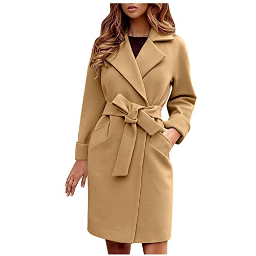 BIBOKAOKE Damen Mantel Elegant Revers Winter Mantel Lang Wollmantel Trenchcoat Warm Frauenmantel Business Blazermantel mit Taschen und Gürtel Lose Outwear Herbst Winter Übergangsjacke von BIBOKAOKE