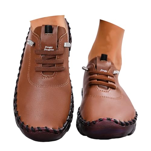 BIBOKAOKE Damen Mokassins Casual Loafers Komfort Leder Schnürschuhe Bootsschuhe Freizeit Mittelalter Mamas Schuhe Bequem Weite Rutschfest Flache Fahren Halbschuhe Segelschuhe Slippers Walkingschuhe von BIBOKAOKE