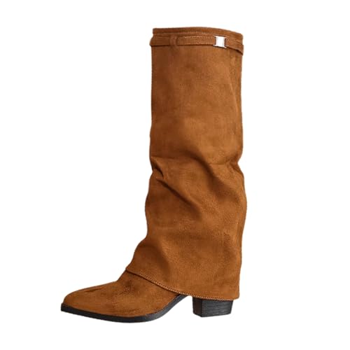 BIBOKAOKE Damen Wildleder Mittelhohe Stiefel Mode Einfarbig Winterstiefel Slip On Spitz Zulaufend Schneestiefel Ritterstiefel mit Klobigem Absatz Herbst Winter von BIBOKAOKE