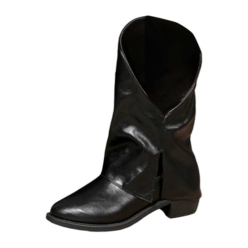 BIBOKAOKE Damenstiefel Stiefeletten Damen Breitem Schaft Spitzer Zehenpartie Halbhoch Boots Retro Leder Lässige Einfarbig Schneestiefel Boots Für Drinnen Und Draußen von BIBOKAOKE