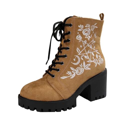 BIBOKAOKE Damenstiefel Warme Einfarbig Flacher Absatz Lässig modische Vintage Winterstiefel Schlupfschuhe Übergangsstiefel Boots Schnürstiefel von BIBOKAOKE