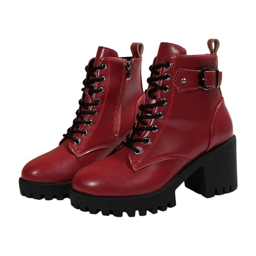 BIBOKAOKE Damenstiefel Winter Einfarbig Klobiger Hoher Absatz Winterstiefel Modische Pfennigabsatz Boots Weicher Wasserdichtem Schnürstiefel Kurze Stiefel von BIBOKAOKE