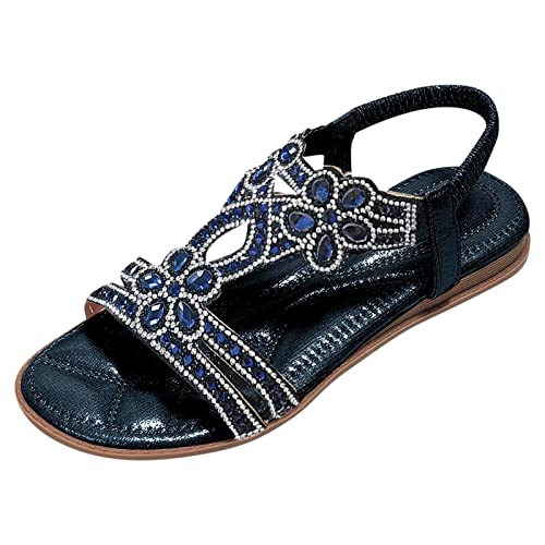 BIBOKAOKE Flache Sandalen Damen Große Größen Strass Bohemia T-Riemen Frauen Weichen Sohlen Gummiband Slingback schöne Mädchen Strandschuhe, Z10 Dunkelblau, 41 EU von BIBOKAOKE