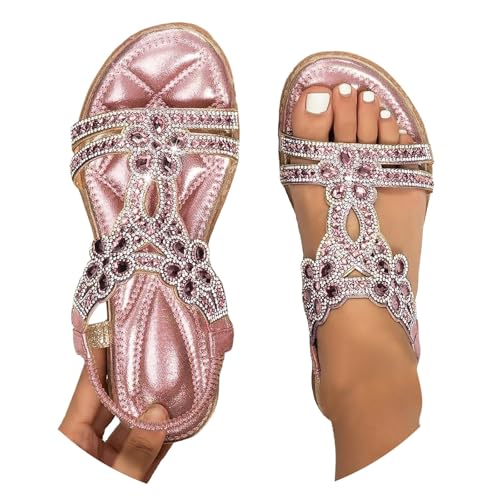 BIBOKAOKE Sommer Sandalen Damen Flache Sandalen Große Größen Strass Bohemia T-Riemen Frauen Sandalen Weichen Sohlen Sommerschuhe Gummiband Slingback Sandalen Elegante Mädchen Strandschuhe von BIBOKAOKE