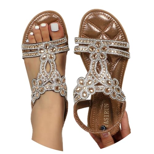 BIBOKAOKE Flache Sandalen Damen Große Größen Strass Bohemia T-Riemen Frauen Weichen Sohlen Gummiband Slingback schöne Mädchen Strandschuhe, Z10 Braun, 38 EU von BIBOKAOKE