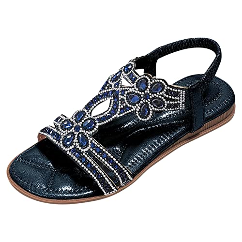 BIBOKAOKE Flache Sandalen Damen Große Größen Strass Bohemia T-Riemen Frauen Sandalen Weichen Sohlen Sommerschuhe Gummiband Slingback Sandalen Elegante schöne Sandalen Mädchen Strandschuhe von BIBOKAOKE