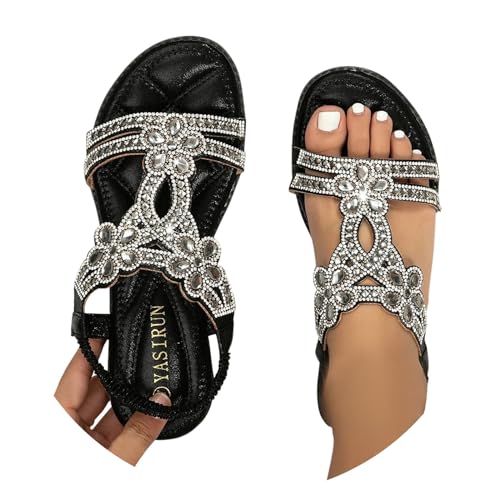 BIBOKAOKE Flache Sandalen Damen Große Größen Strass Bohemia T-Riemen Weichen Sohlen Sommerschuhe Gummiband Slingback Elegante Schöne Mädchen Strandschuhe von BIBOKAOKE