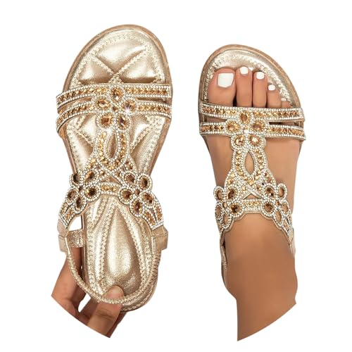 BIBOKAOKE Flache Sandalen Damen Große Größen Strass Bohemia T-Riemen Frauen Sandalen Weichen Sohlen Sommerschuhe Gummiband Slingback Sandalen Elegante schöne Sandalen Mädchen Strandschuhe von BIBOKAOKE