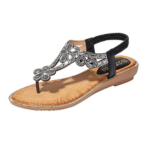 BIBOKAOKE Flache Sandalen Damen Große Größen Strass Bohemia T-Riemen Frauen Sandalen Weichen Sohlen Sommerschuhe Gummiband Slingback Sandalen Elegante schöne Sandalen Mädchen Strandschuhe von BIBOKAOKE