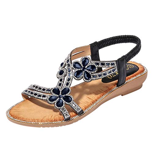 BIBOKAOKE Flache Sandalen Damen Große Größen Strass Bohemia T-Riemen Frauen Sandalen Weichen Sohlen Sommerschuhe Gummiband Slingback Sandalen Elegante schöne Sandalen Mädchen Strandschuhe von BIBOKAOKE