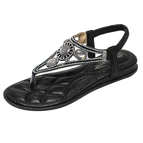 BIBOKAOKE Flache Sandalen Damen Große Größen Strass Bohemia T-Riemen Frauen Sandalen Weichen Sohlen Sommerschuhe Gummiband Slingback Sandalen Elegante schöne Sandalen Mädchen Strandschuhe von BIBOKAOKE