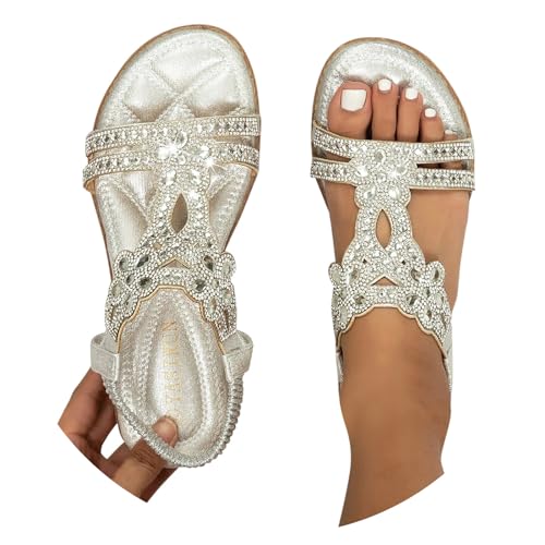 BIBOKAOKE Flache Sandalen Damen Große Größen Strass Bohemia T-Riemen Frauen Weichen Sohlen Sommerschuhe Gummiband Slingback Elegante schöne Mädchen Strandschuhe von BIBOKAOKE