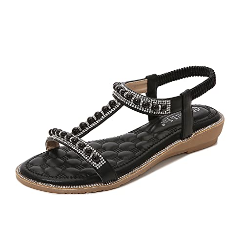 BIBOKAOKE Flache Sandalen Damen Große Größen Strass Bohemia T-Riemen Weiche Sohlen Sommerschuhe Gummiband Slingback Elegante Schöne Mädchen Strandschuhe von BIBOKAOKE