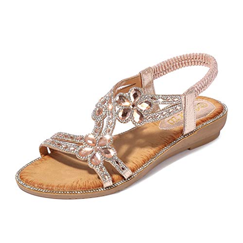 BIBOKAOKE Flache Sandalen Damen Große Größen Strass Bohemia T-Riemen Weiche Sohlen Sommerschuhe Gummiband Slingback Elegante Schöne Mädchen Strandschuhe von BIBOKAOKE