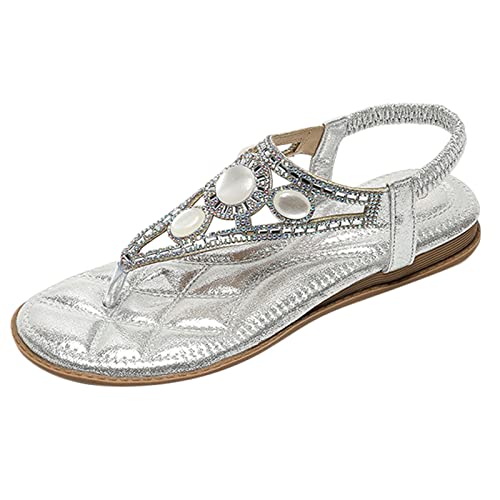 BIBOKAOKE Flache Sandalen Damen Strass Bohemia T-Riemen Frauen Sandalen Weichen Sohlen Sommerschuhe Gummiband Slingback Sandalen Elegante schöne Sandalen Mädchen Strandschuhe, 38 EU, Zx1 Silber von BIBOKAOKE