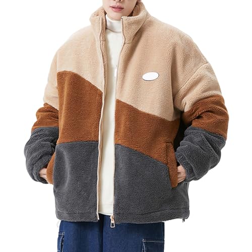 BIBOKAOKE Fleecejacke Herren Warm Winter Sherpa Jacke Patchwork Teddyfleece Jacke Damen Oberbekleidung Teddy Fleece mit Stehkragen Winterjacke mit durchgehendem Reißverschluss PlüschjackeM von BIBOKAOKE