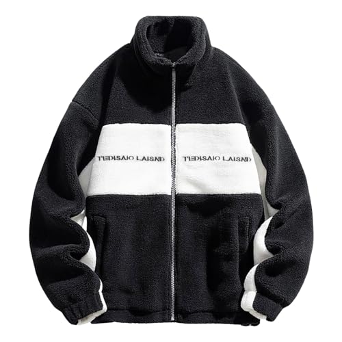 BIBOKAOKE Fleecejacke Herren Warm Winter Sherpa Jacke Patchwork Teddyfleece Jacke Oberbekleidung Teddy Fleece mit Stehkragen Winterjacke mit durchgehendem Reißverschluss Plüschjacke von BIBOKAOKE