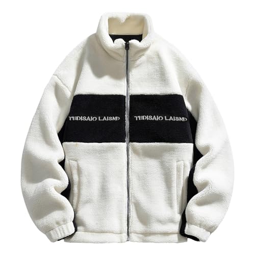 BIBOKAOKE Fleecejacke Herren Warm Winter Sherpa Jacke Patchwork Teddyfleece Jacke Oberbekleidung Teddy Fleece mit Stehkragen Winterjacke mit durchgehendem Reißverschluss Plüschjacke von BIBOKAOKE